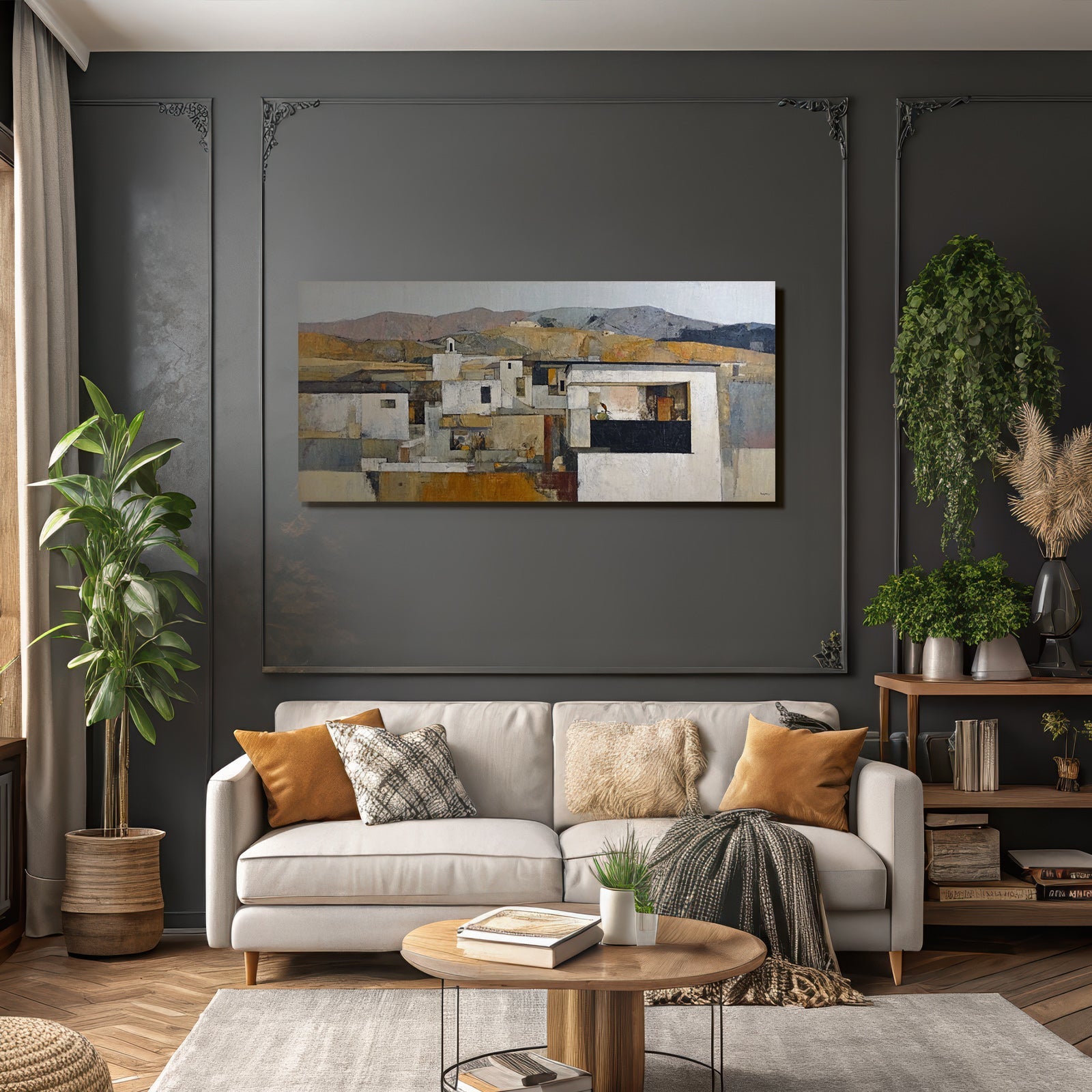 Stylisierte Landschaft Mit Architektur Erde Ton Abstrakt