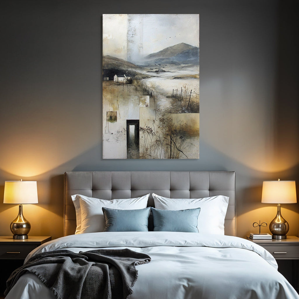 Landlandschaft Mit Hügeln Fluss Und Gebäuden Impressionistisch Erdtöne
