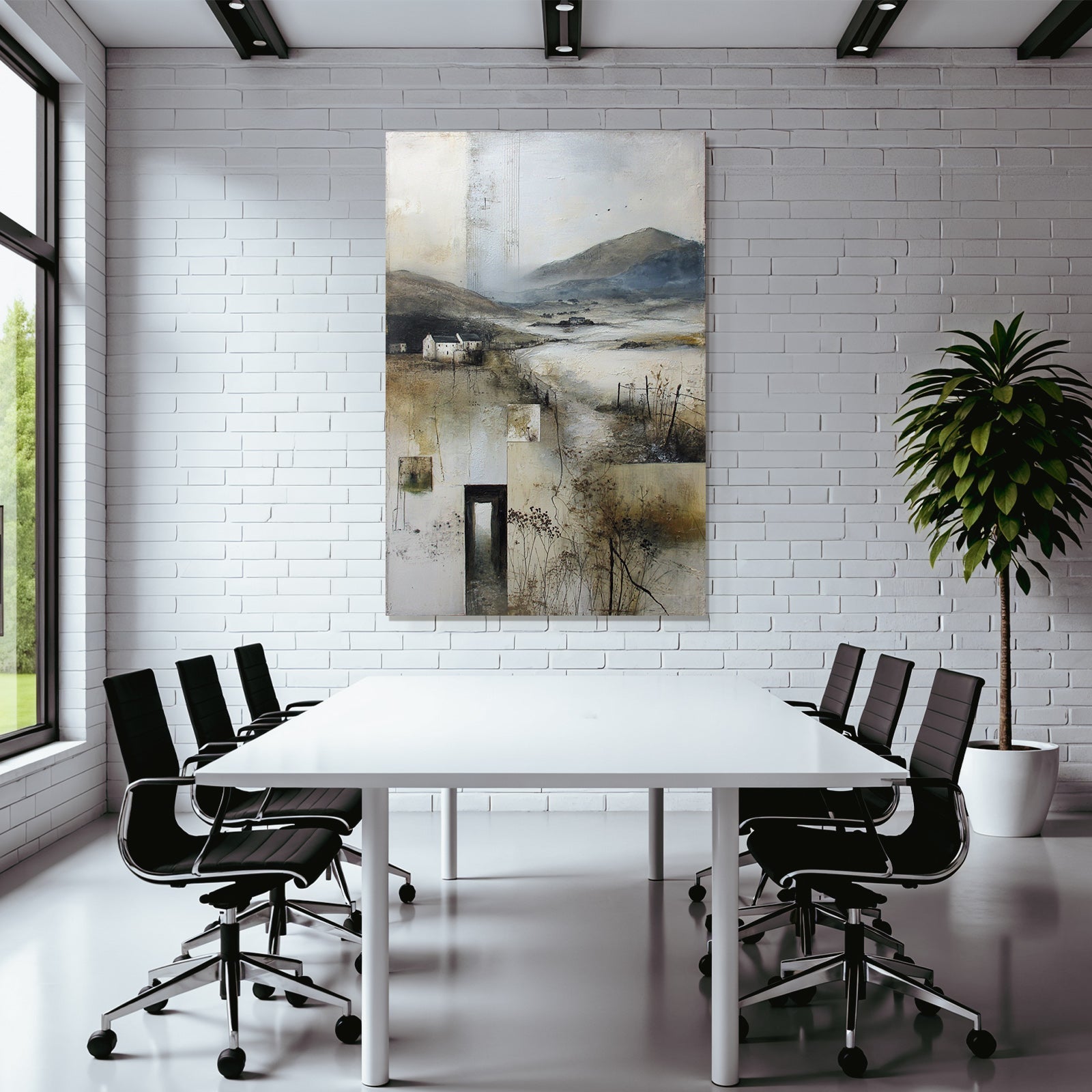 Landlandschaft Mit Hügeln Fluss Und Gebäuden Impressionistisch Erdtöne