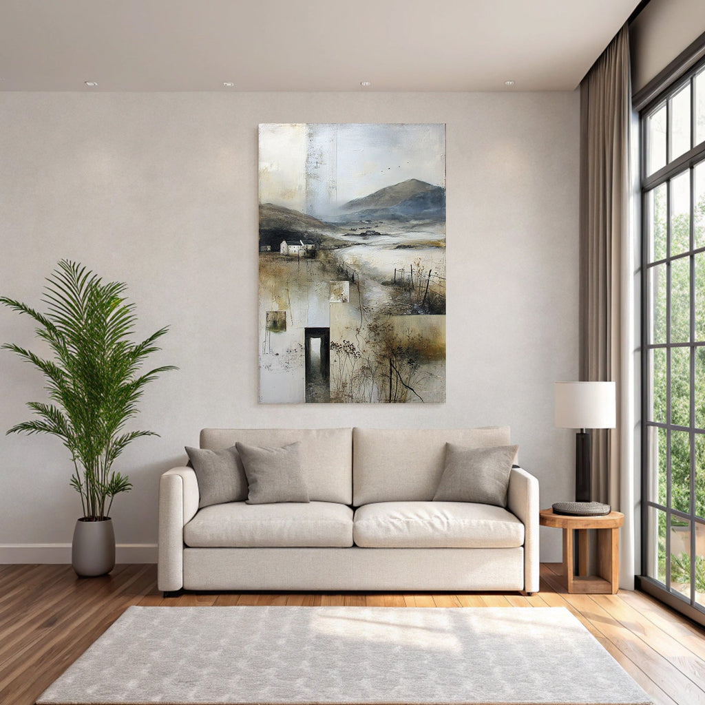 Landlandschaft Mit Hügeln Fluss Und Gebäuden Impressionistisch Erdtöne