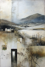 Landlandschaft Mit Hügeln Fluss Und Gebäuden Impressionistisch Erdtöne | Gold und Beige | Farbenwelten