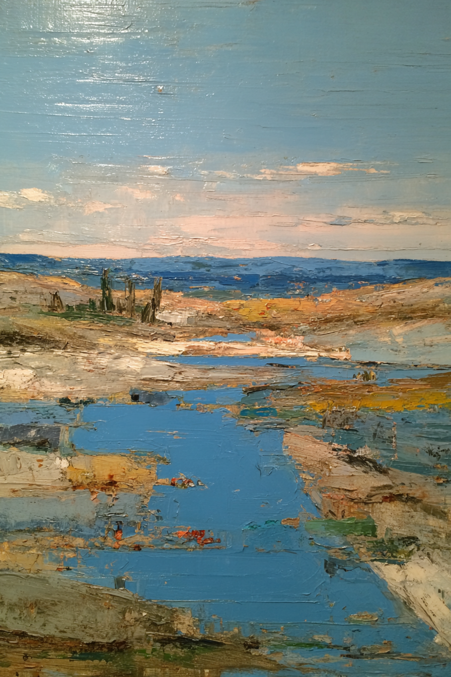 Landschaftsbild Mit Blaüm Himmel Und Wasserreflexionen | Gold und Beige | Farbenwelten