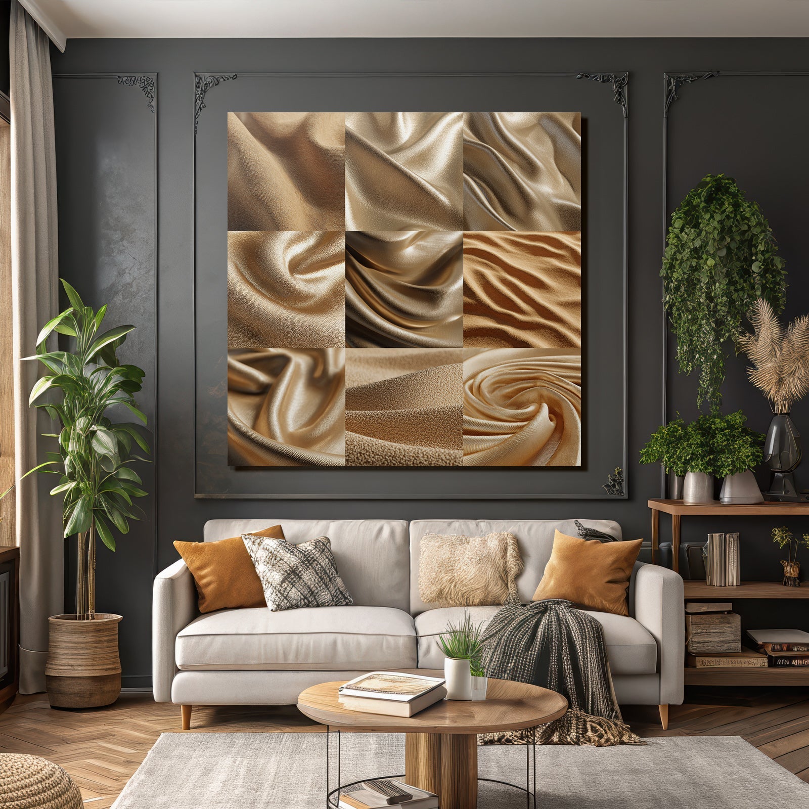 Goldene Stoffe Texturen Detailaufnahme Drapierung Schimmer Muster