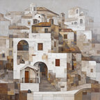 Interconnected Geometric Buildings Kunstwerk | Gold und Beige | Farbenwelten