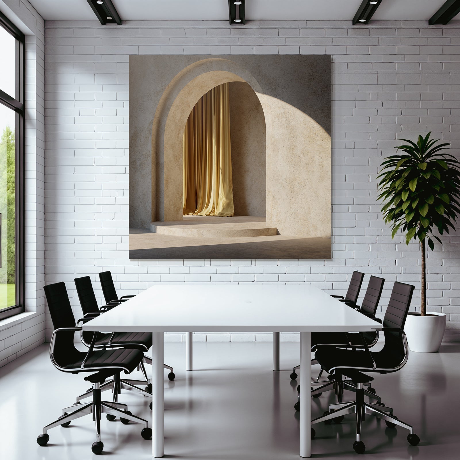 Minimalistischer Innenraum Mit Arch Bogen Und Gelber Gardine
