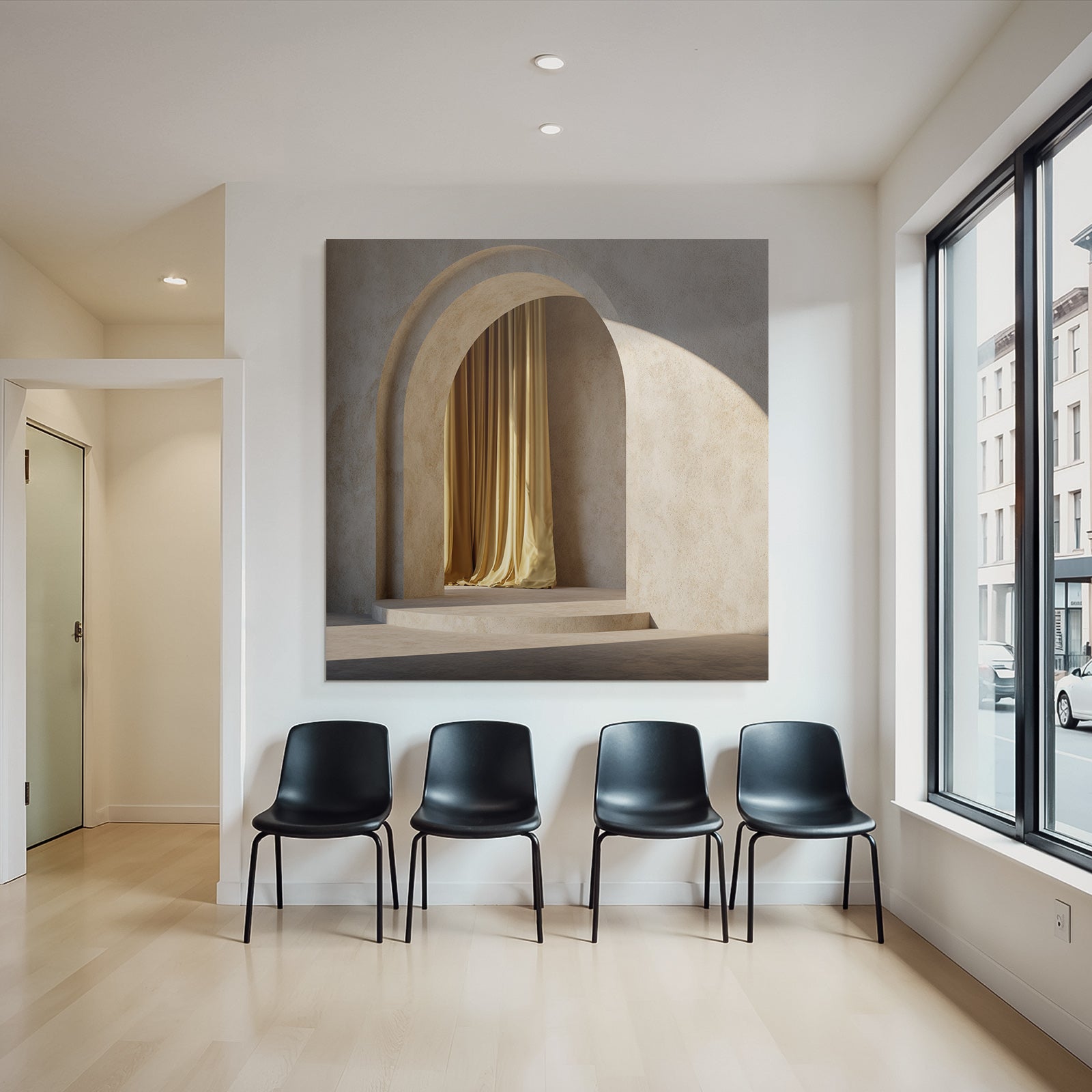 Minimalistischer Innenraum Mit Arch Bogen Und Gelber Gardine