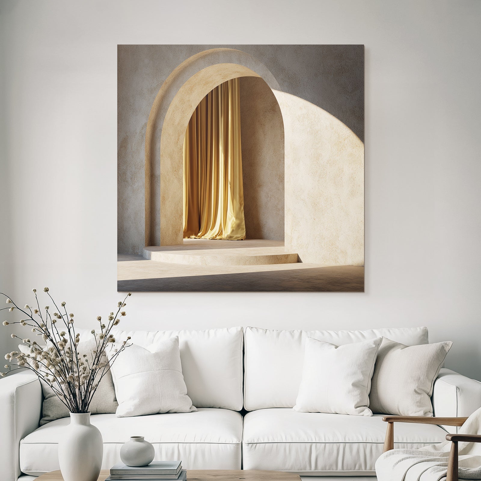 Minimalistischer Innenraum Mit Arch Bogen Und Gelber Gardine