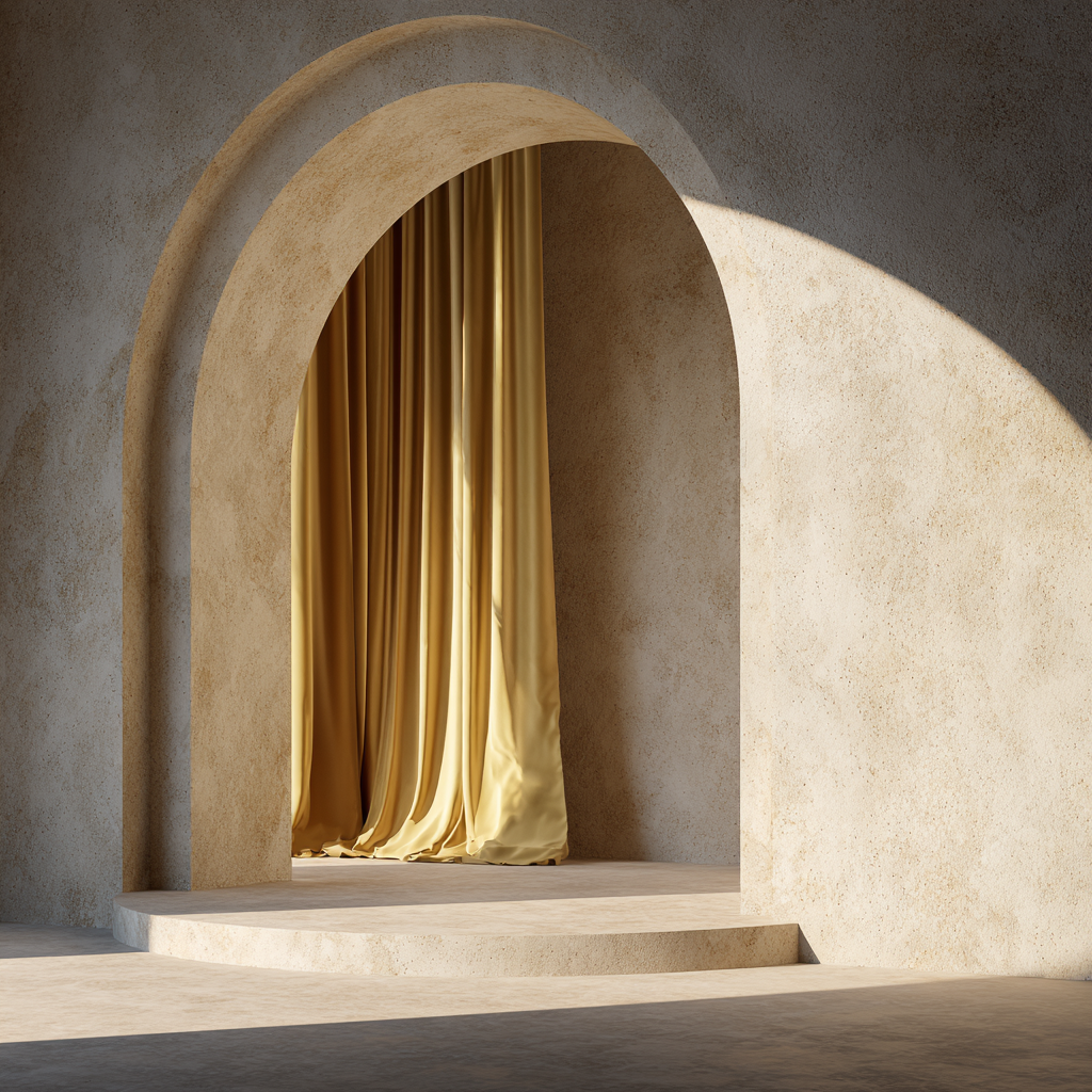 Minimalistischer Innenraum Mit Arch Bogen Und Gelber Gardine | Gold und Beige | Farbenwelten