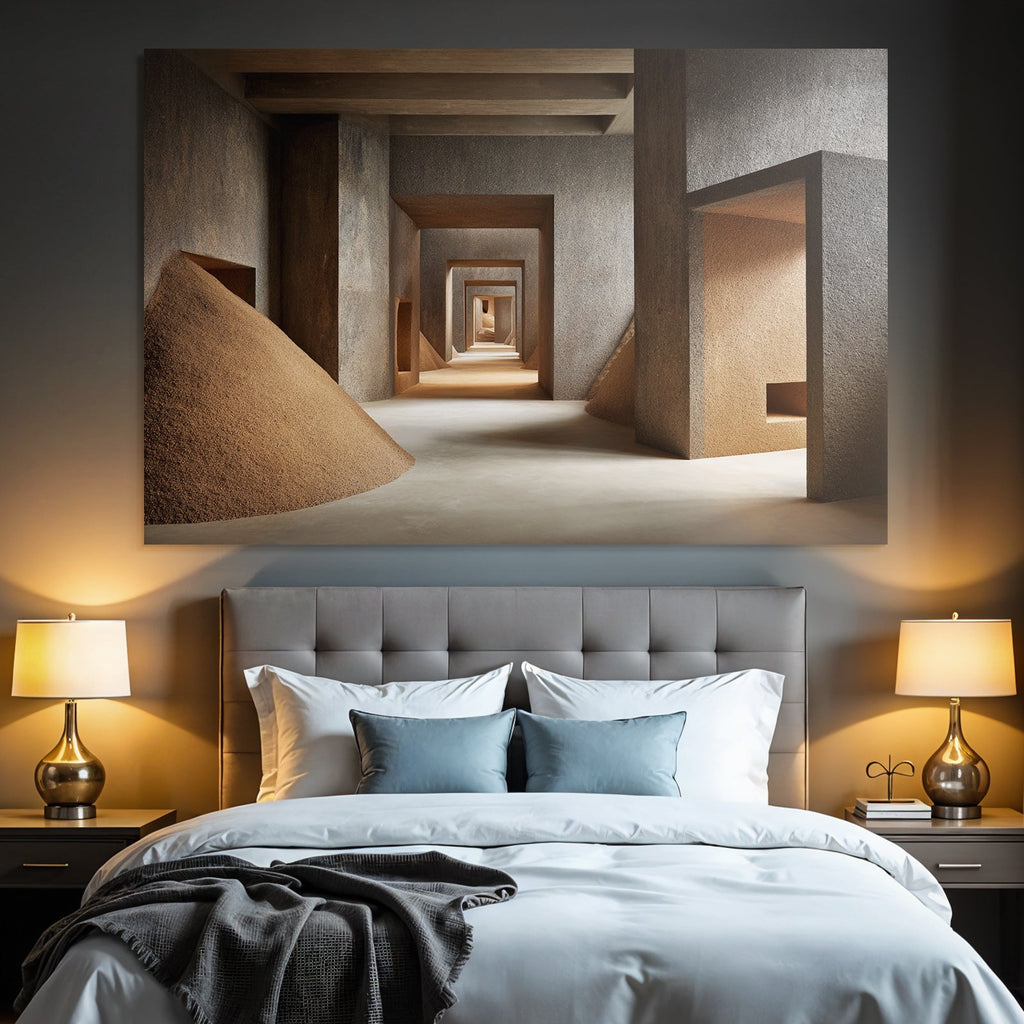 Architectural space with textured walls and cone pile