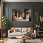 Architectural space with textured walls and cone pile