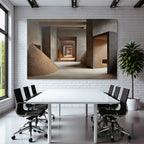 Architectural space with textured walls and cone pile