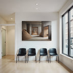 Architectural space with textured walls and cone pile