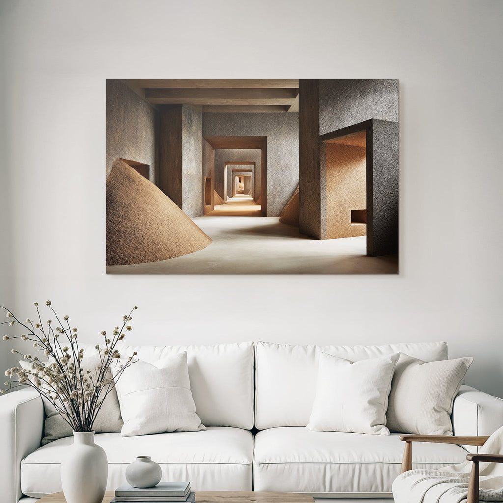 Architectural space with textured walls and cone pile