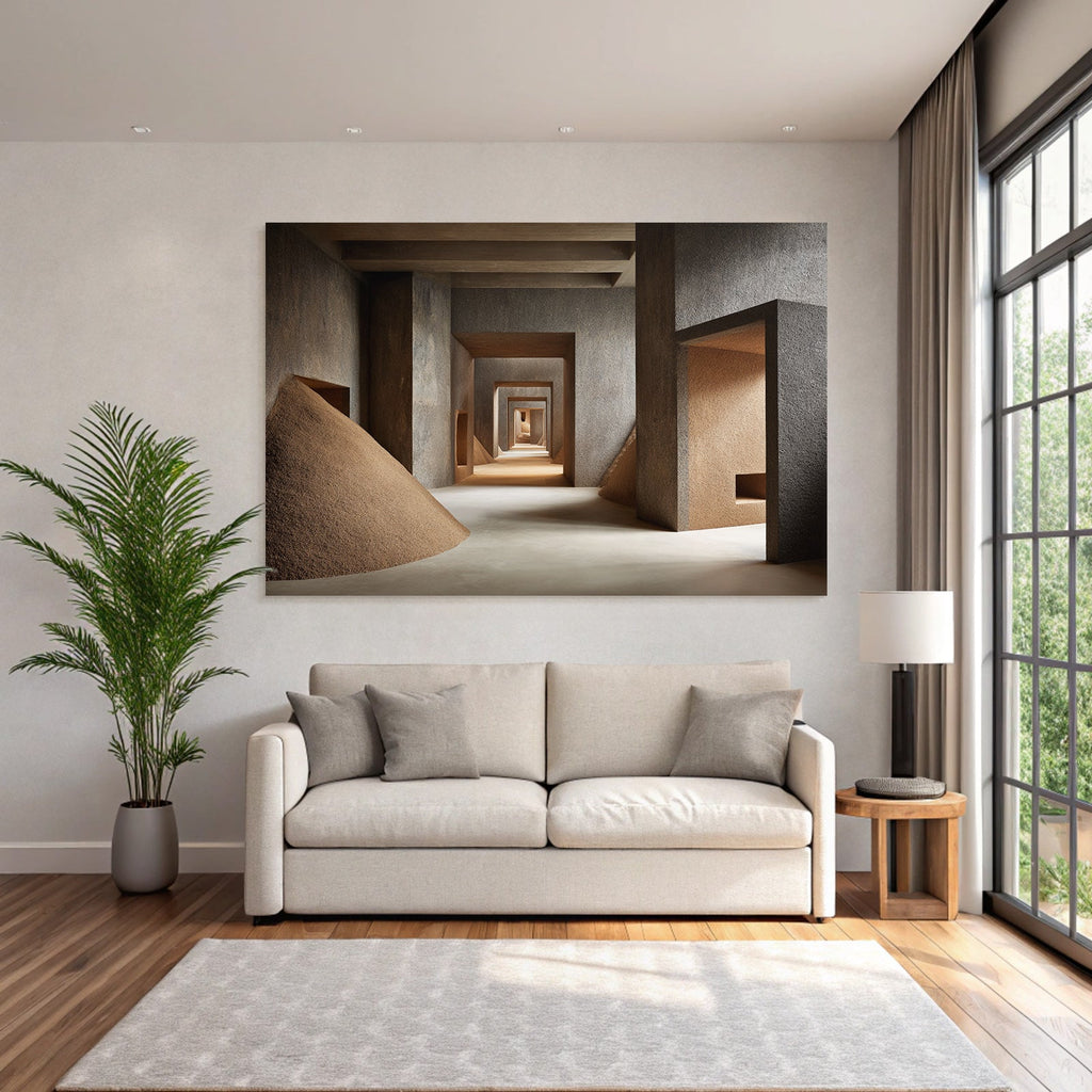 Architectural space with textured walls and cone pile