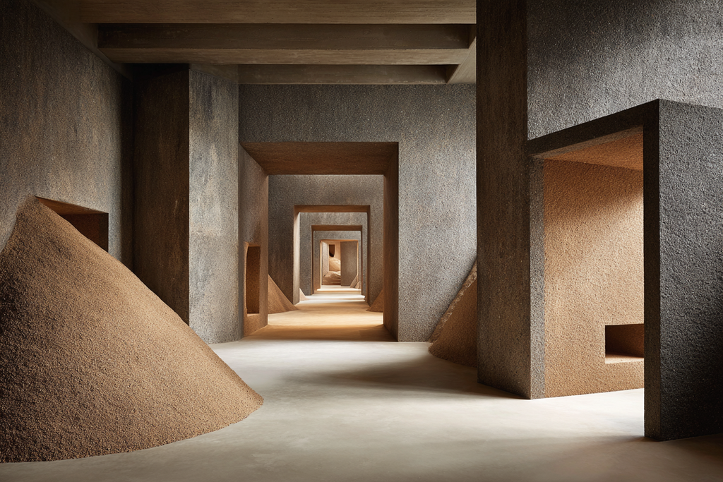 Architektonischer Raum Mit Texturierten Wänden Und Cone Haufen | Gold und Beige | Farbenwelten