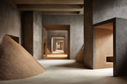 Architektonischer Raum Mit Texturierten Wänden Und Cone Haufen | Gold und Beige | Farbenwelten