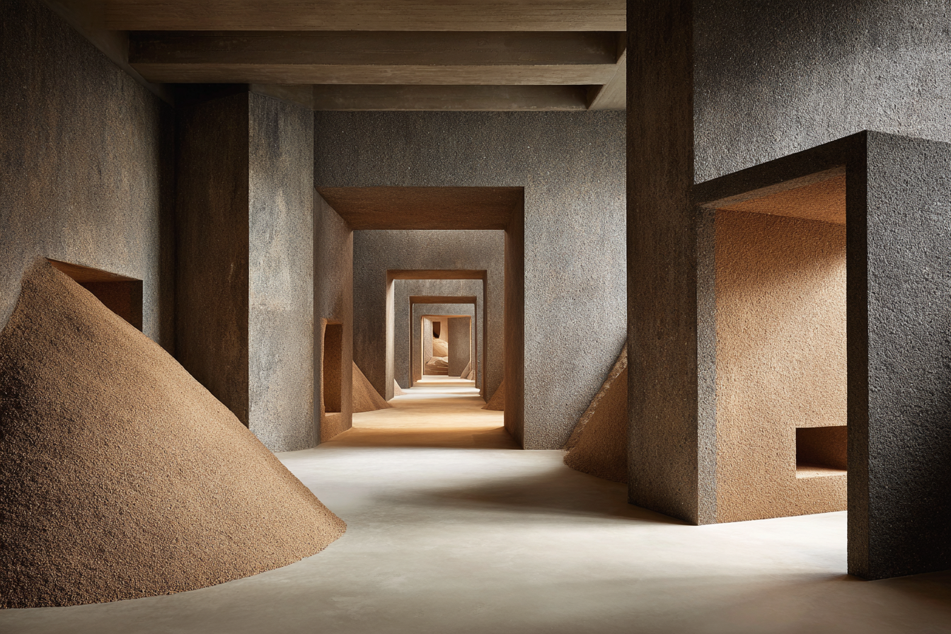 Architektonischer Raum Mit Texturierten Wänden Und Cone Haufen | Gold und Beige | Farbenwelten