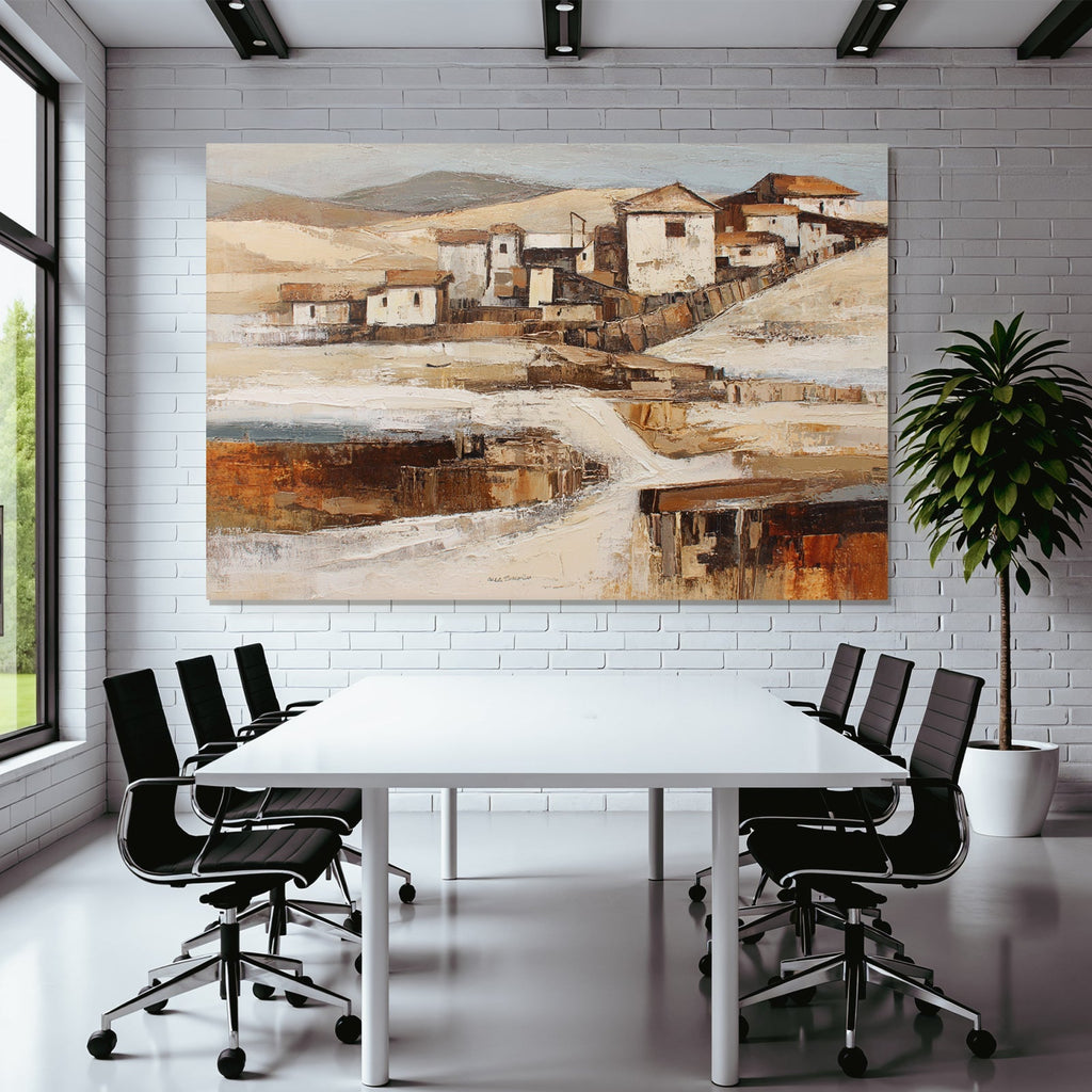 Ländliche Landschaft Mit Häusern Hügeln Und Erdenfarbenem Hintergrund