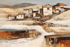 Ländliche Landschaft Mit Häusern Hügeln Und Erdenfarbenem Hintergrund | Gold und Beige | Farbenwelten