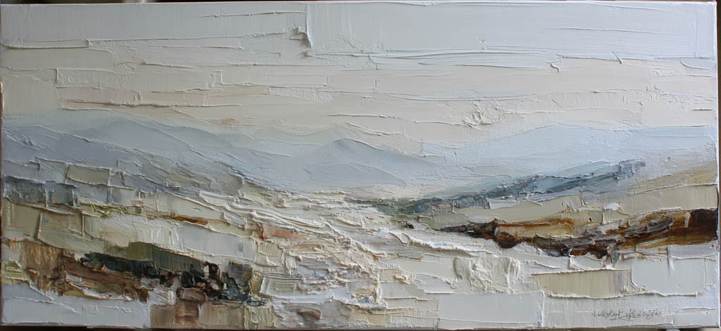 Landschaft Mit Impasto Technik Bergblick Sanfte Wolken Stille Natur | Gold und Beige | Farbenwelten
