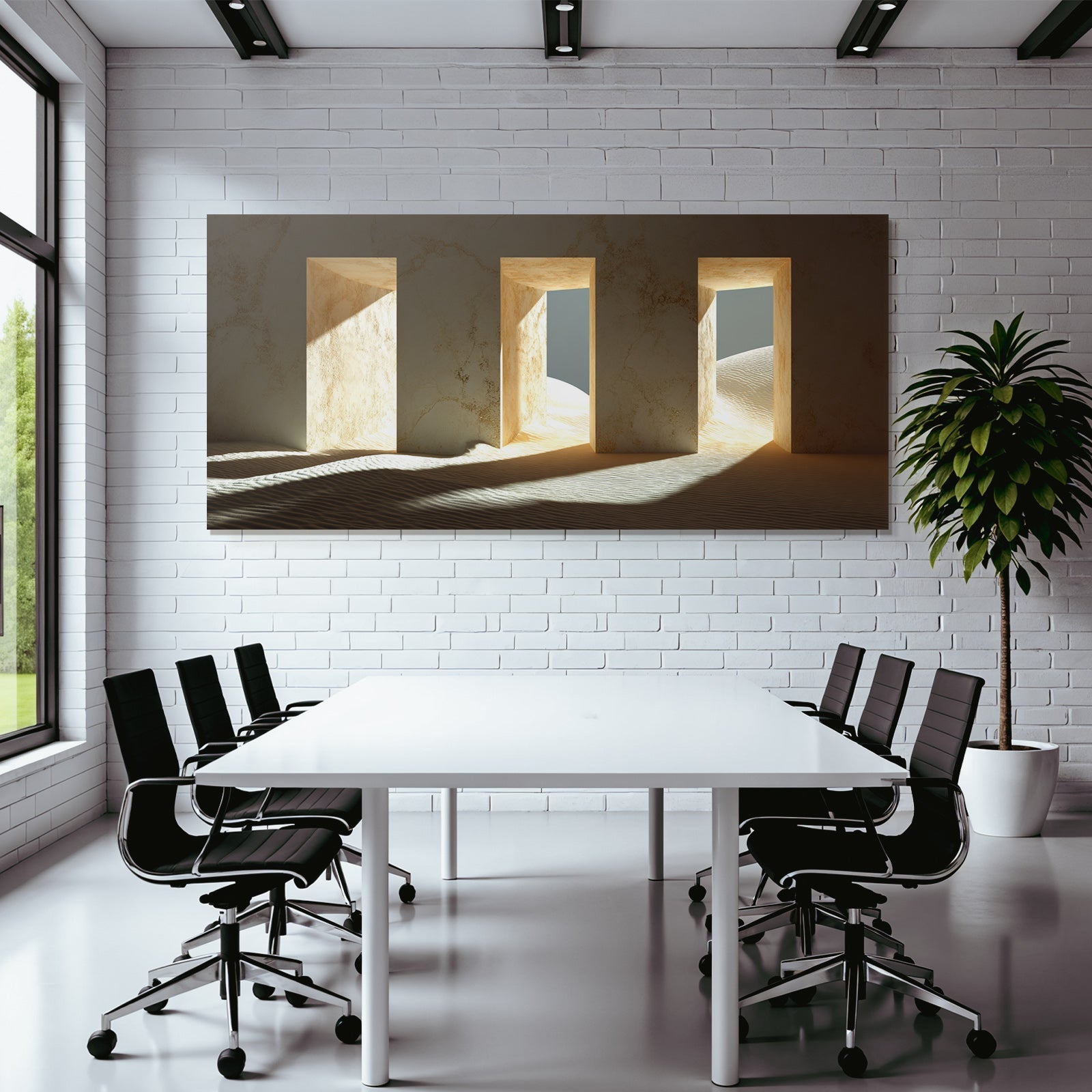 Minimalistische Innenansicht Mit Drei Rechteckigen Öffnungen Sandige Wände
