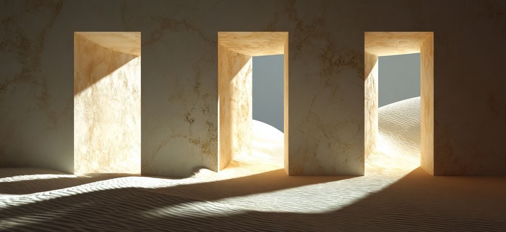 Minimalistische Innenansicht Mit Drei Rechteckigen Öffnungen Sandige Wände | Gold und Beige | Farbenwelten