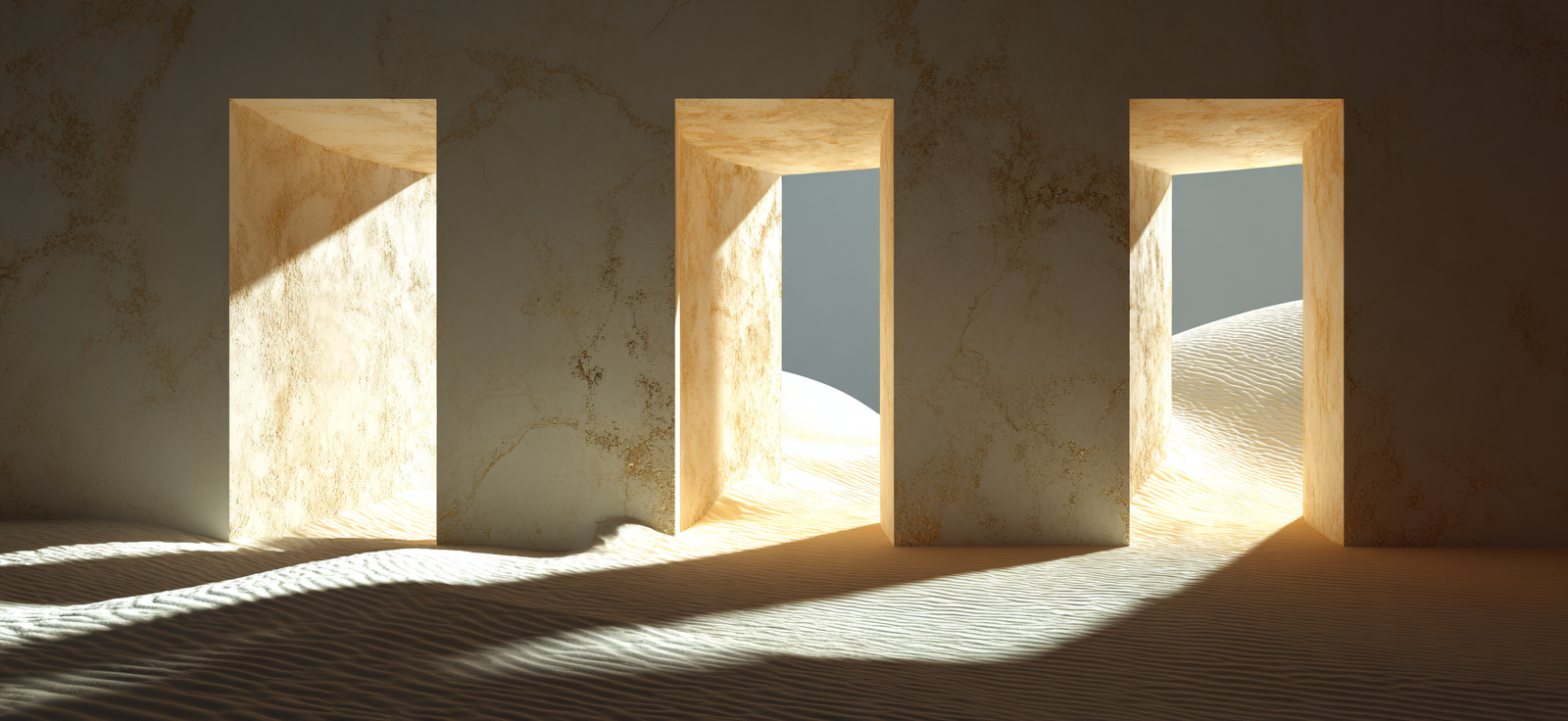 Minimalistische Innenansicht Mit Drei Rechteckigen Öffnungen Sandige Wände | Gold und Beige | Farbenwelten