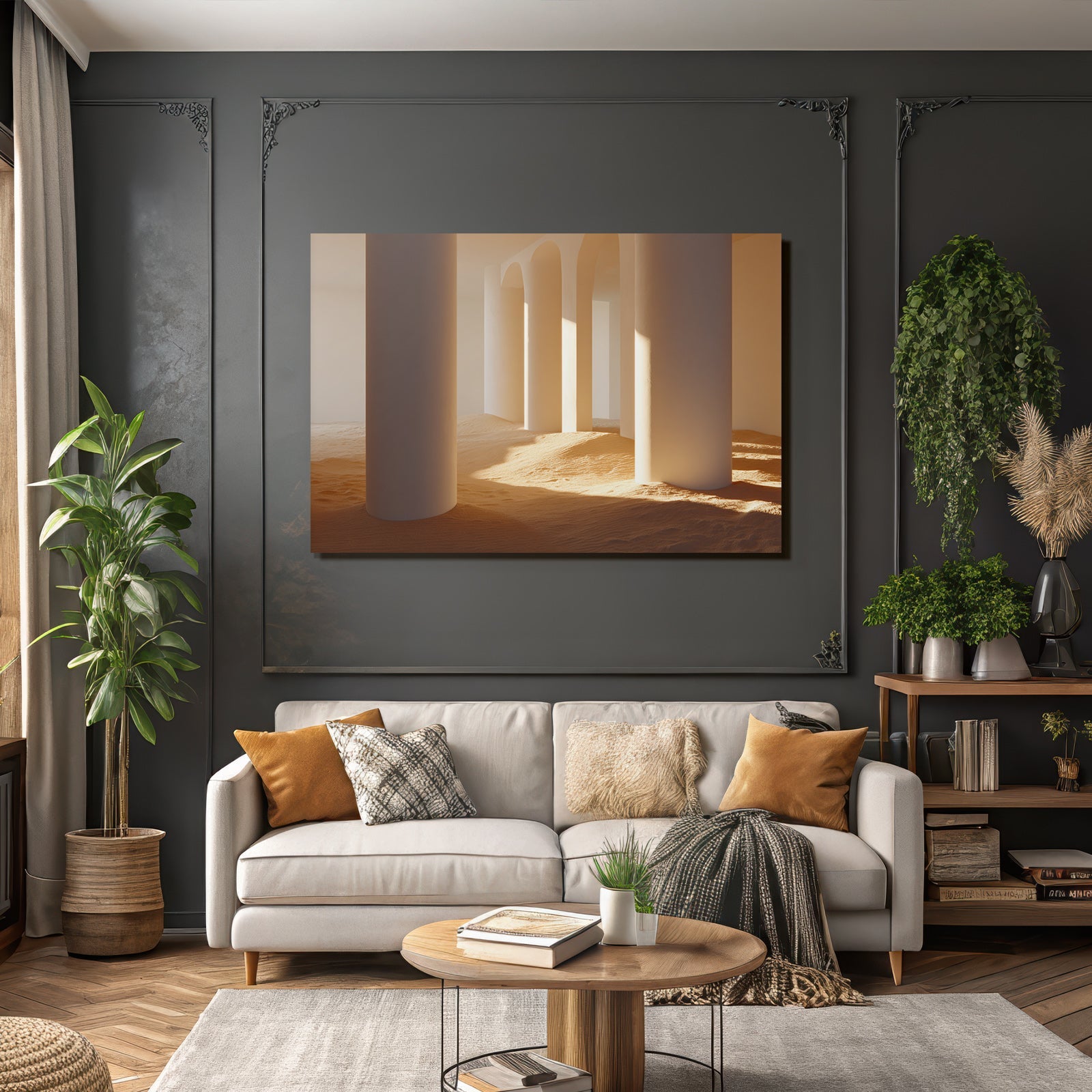 Minimalistische Innenansicht Weisse Säulen Gegeneinander Setzende Architektur Sandiger Hintergrund