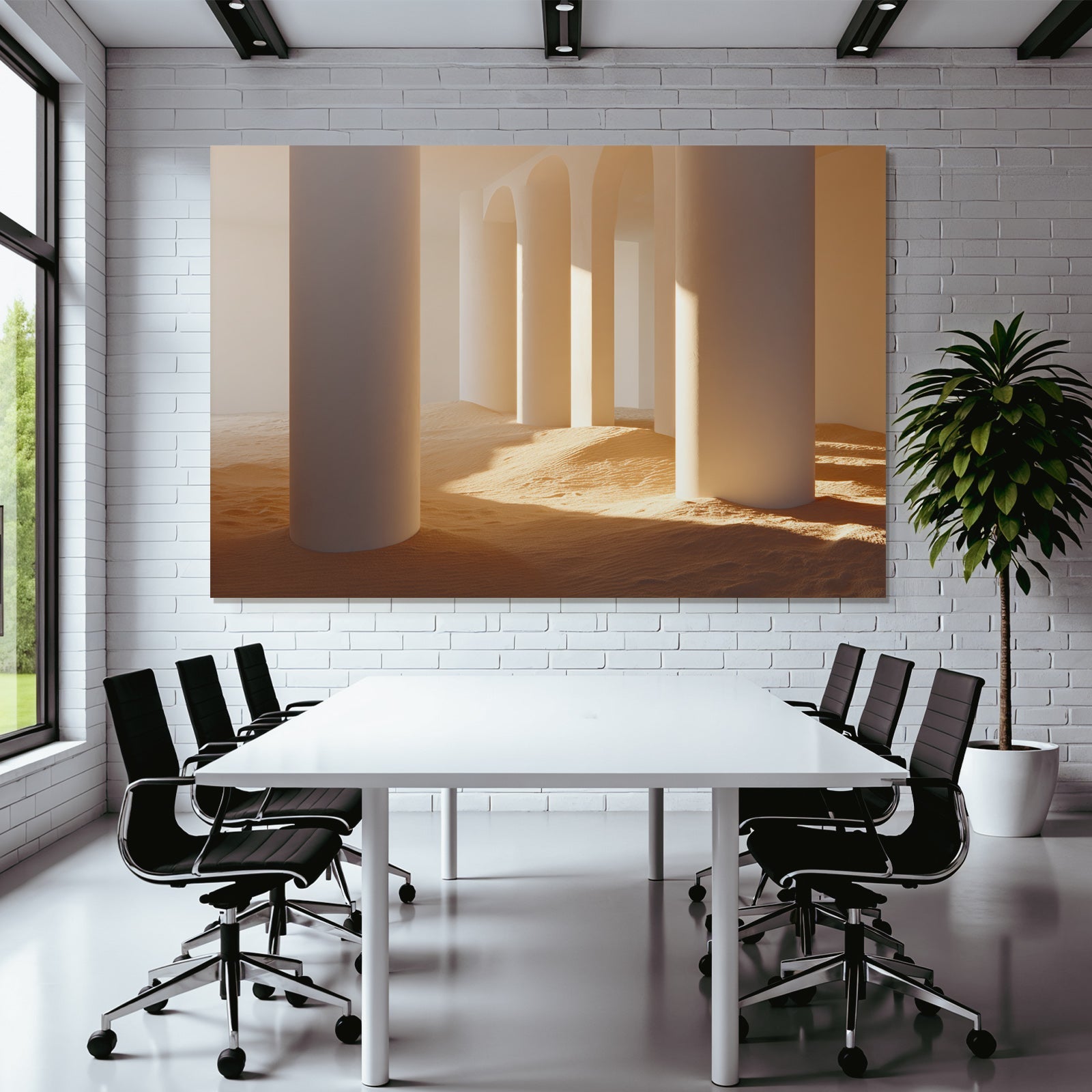 Minimalistische Innenansicht Weisse Säulen Gegeneinander Setzende Architektur Sandiger Hintergrund