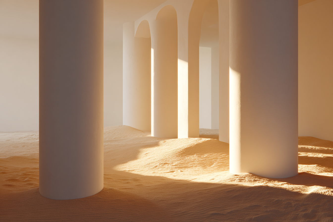 Minimalistische Innenansicht Weisse Säulen Gegeneinander Setzende Architektur Sandiger Hintergrund | Gold und Beige | Farbenwelten