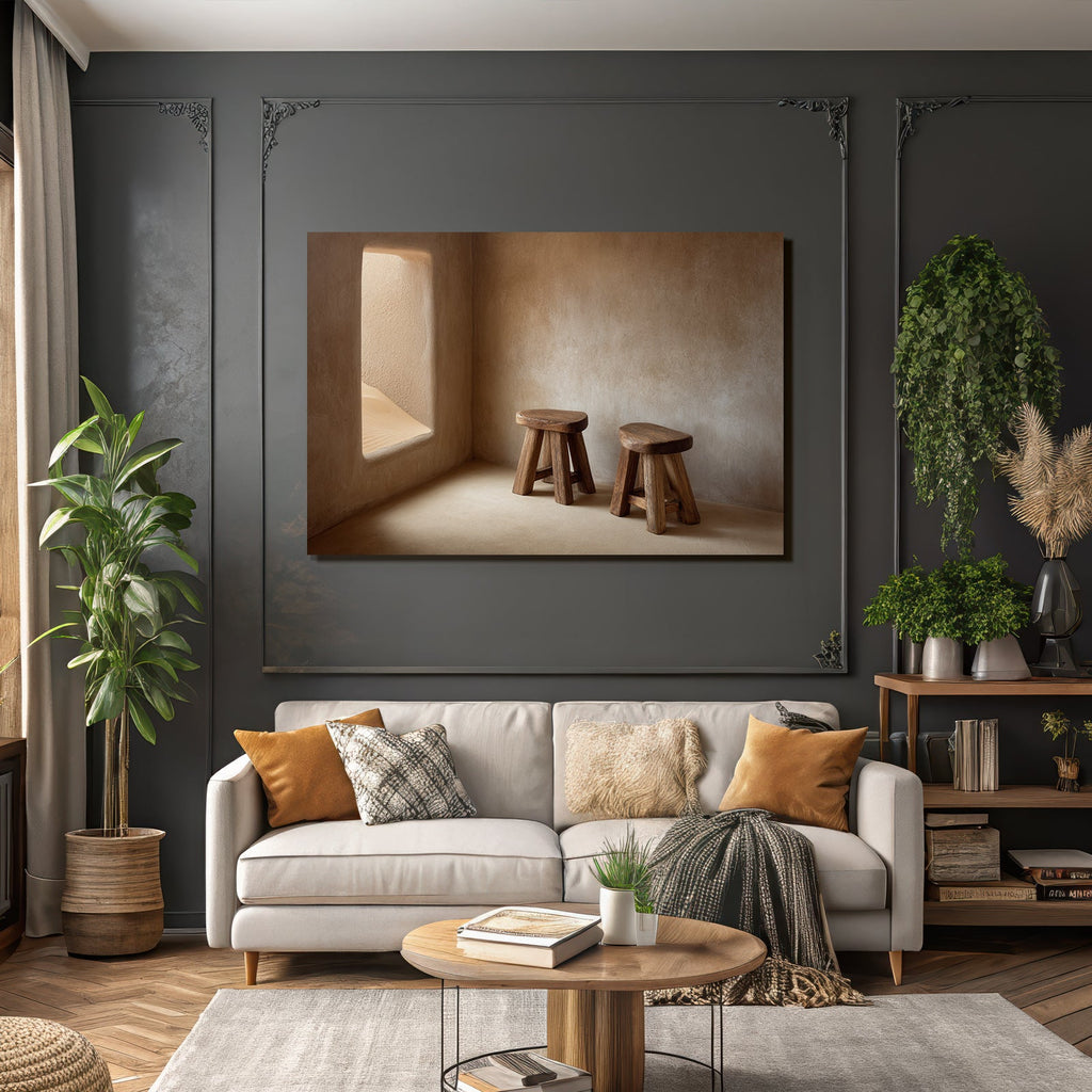 Minimalistischer Innenraum Mit Holzhockern Und Erdigen Tönen