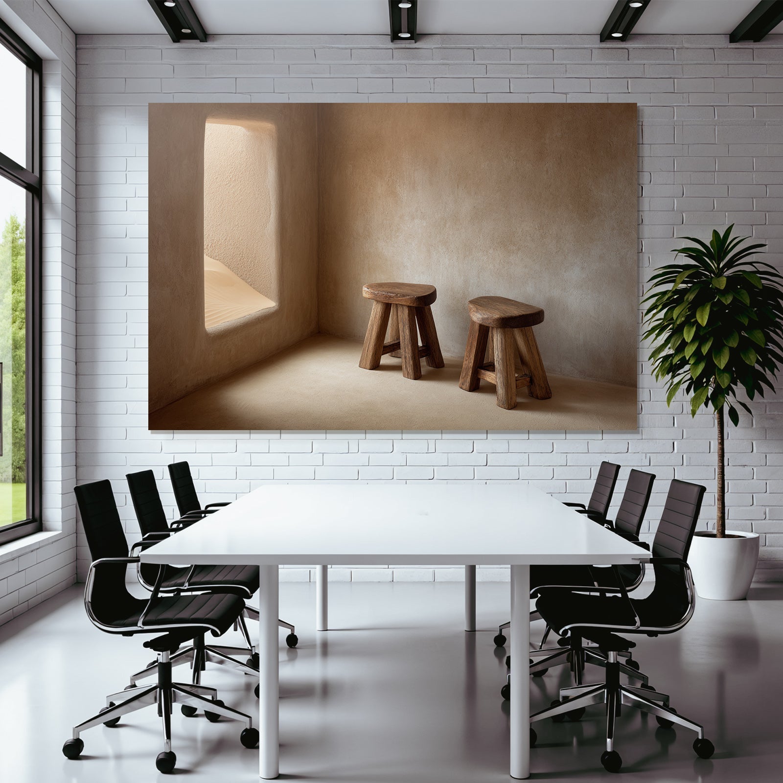 Minimalistischer Innenraum Mit Holzhockern Und Erdigen Tönen