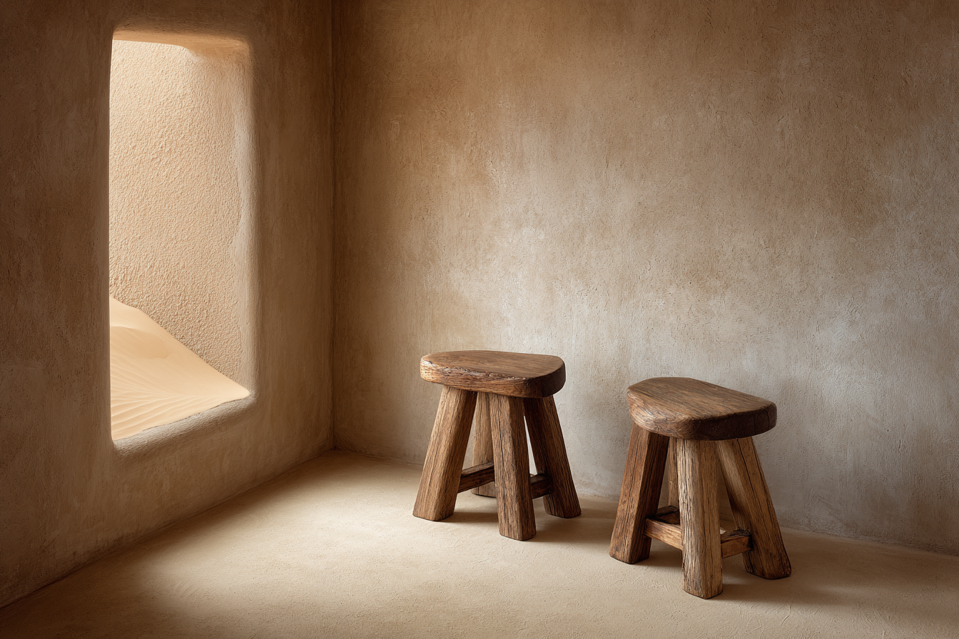 Minimalistischer Innenraum Mit Holzhockern Und Erdigen Tönen | Gold und Beige | Farbenwelten