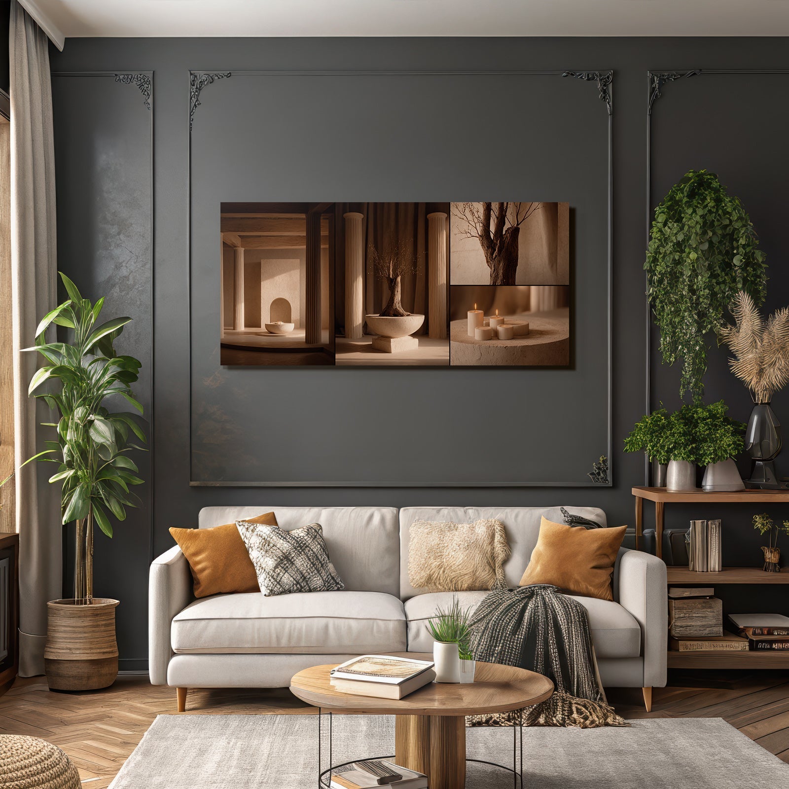 Ruhiges Innenraum Mit Minimalistischem Design Und Einem Baum In Einer Schale