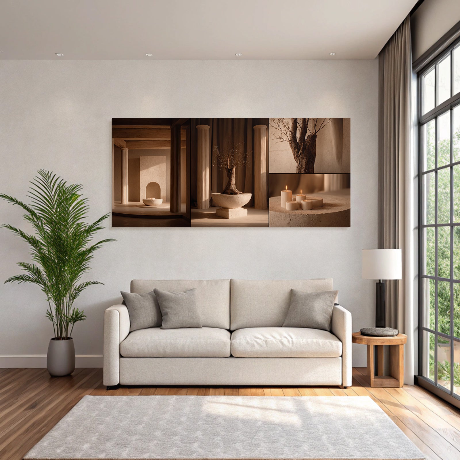 Ruhiges Innenraum Mit Minimalistischem Design Und Einem Baum In Einer Schale