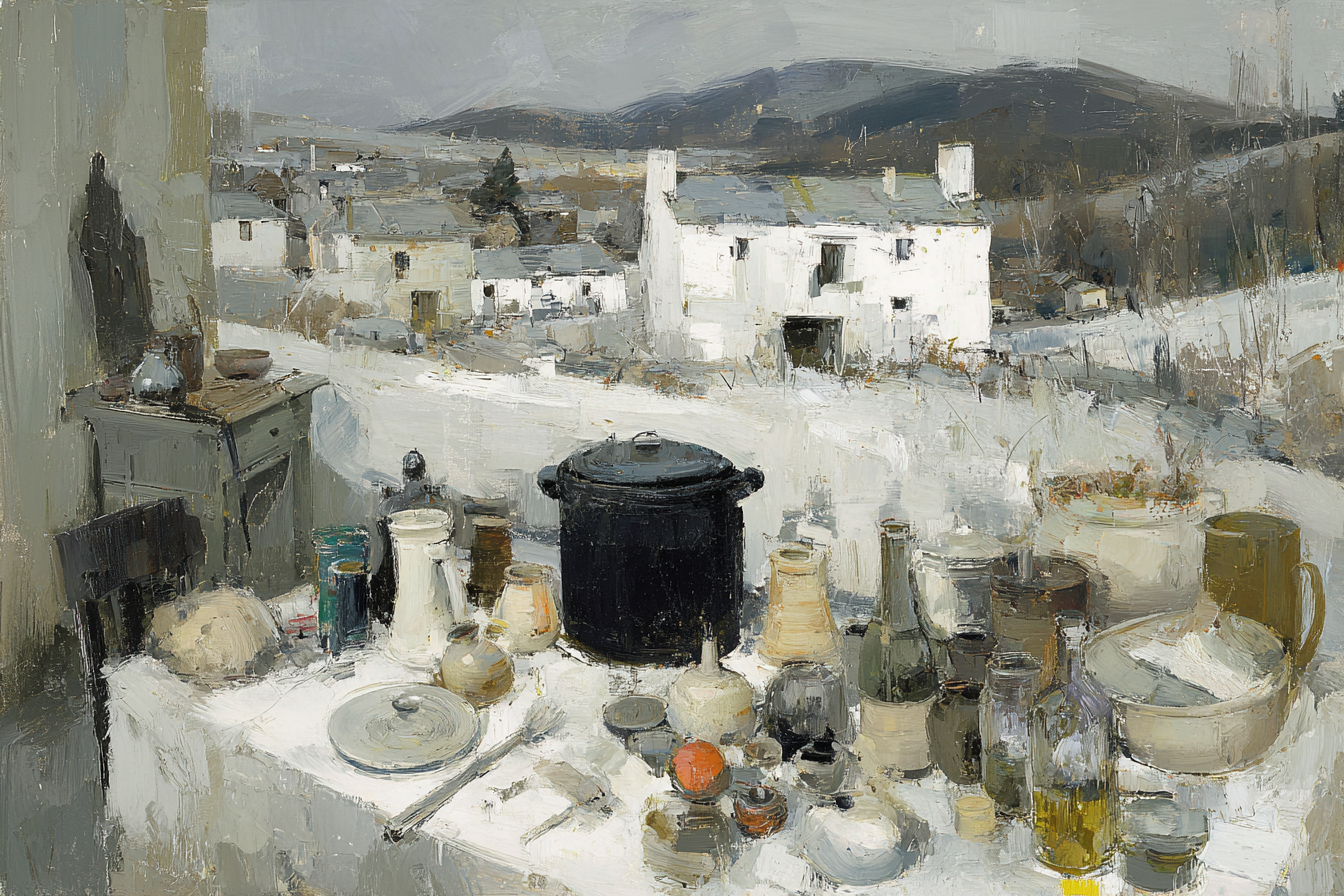 Stillleben Mit Küche Und Landschaft Impressionismus | Gold und Beige | Farbenwelten
