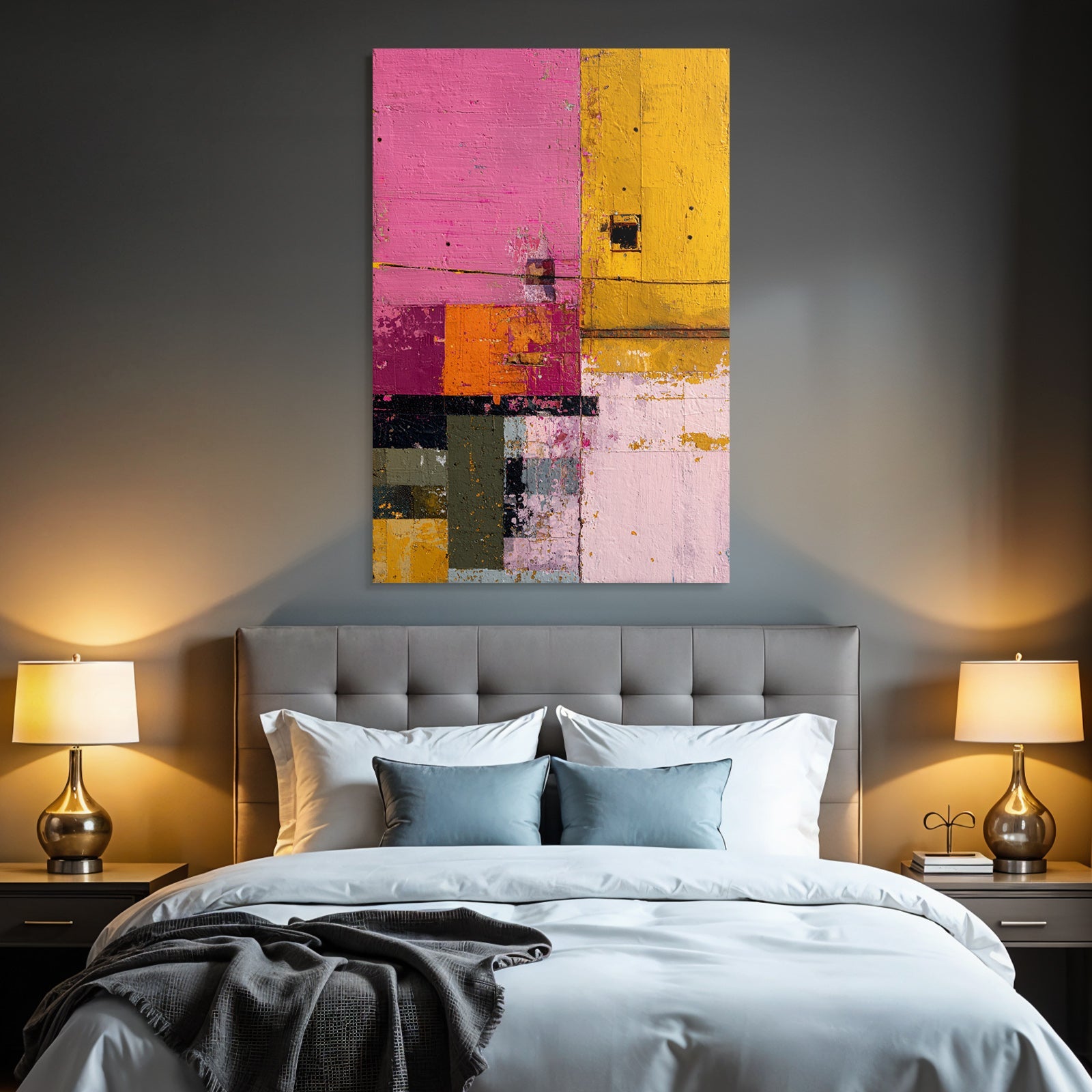 Abstracte Farbkomposition Mit Patchwork Stil In Pink Gelb Orange Grün