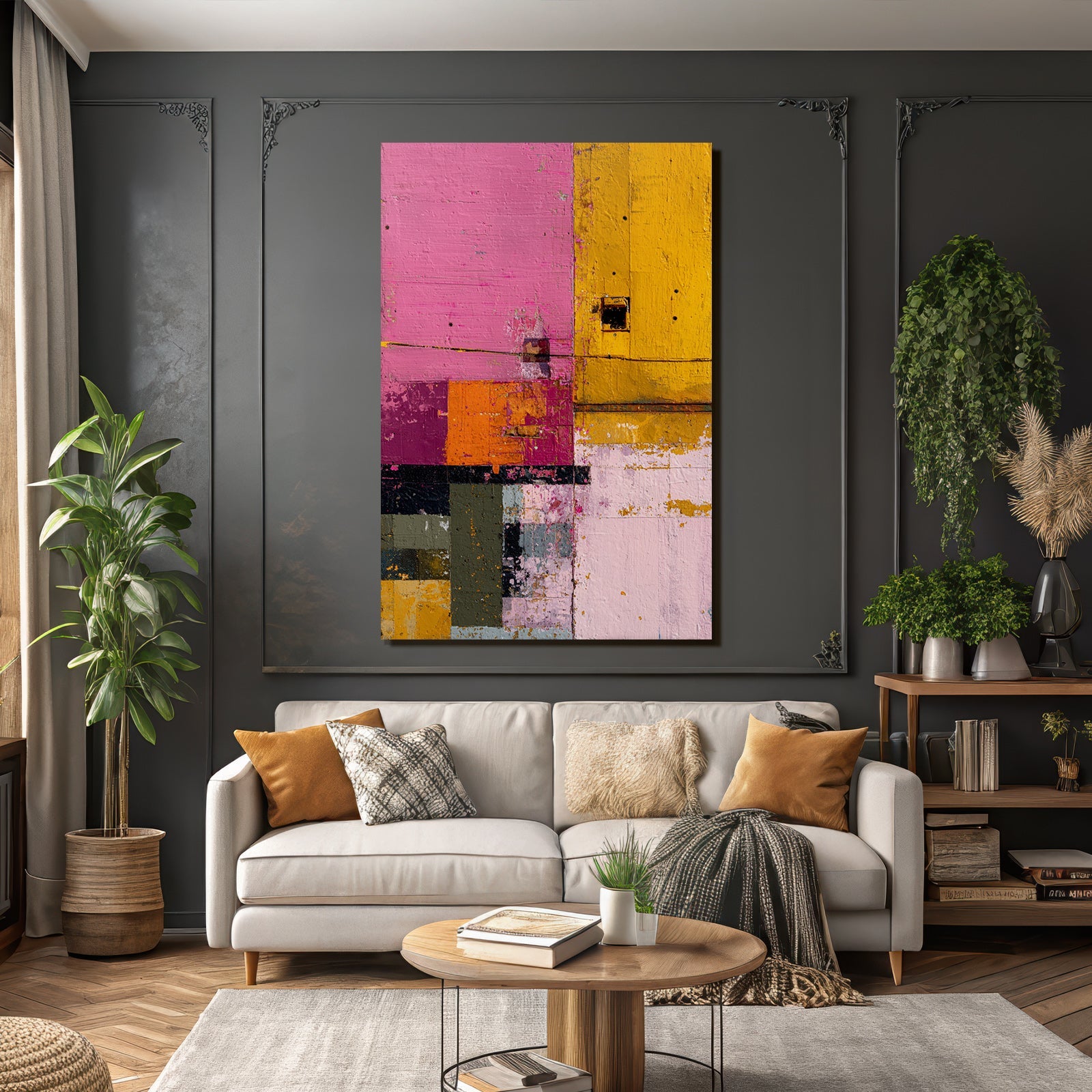 Abstracte Farbkomposition Mit Patchwork Stil In Pink Gelb Orange Grün