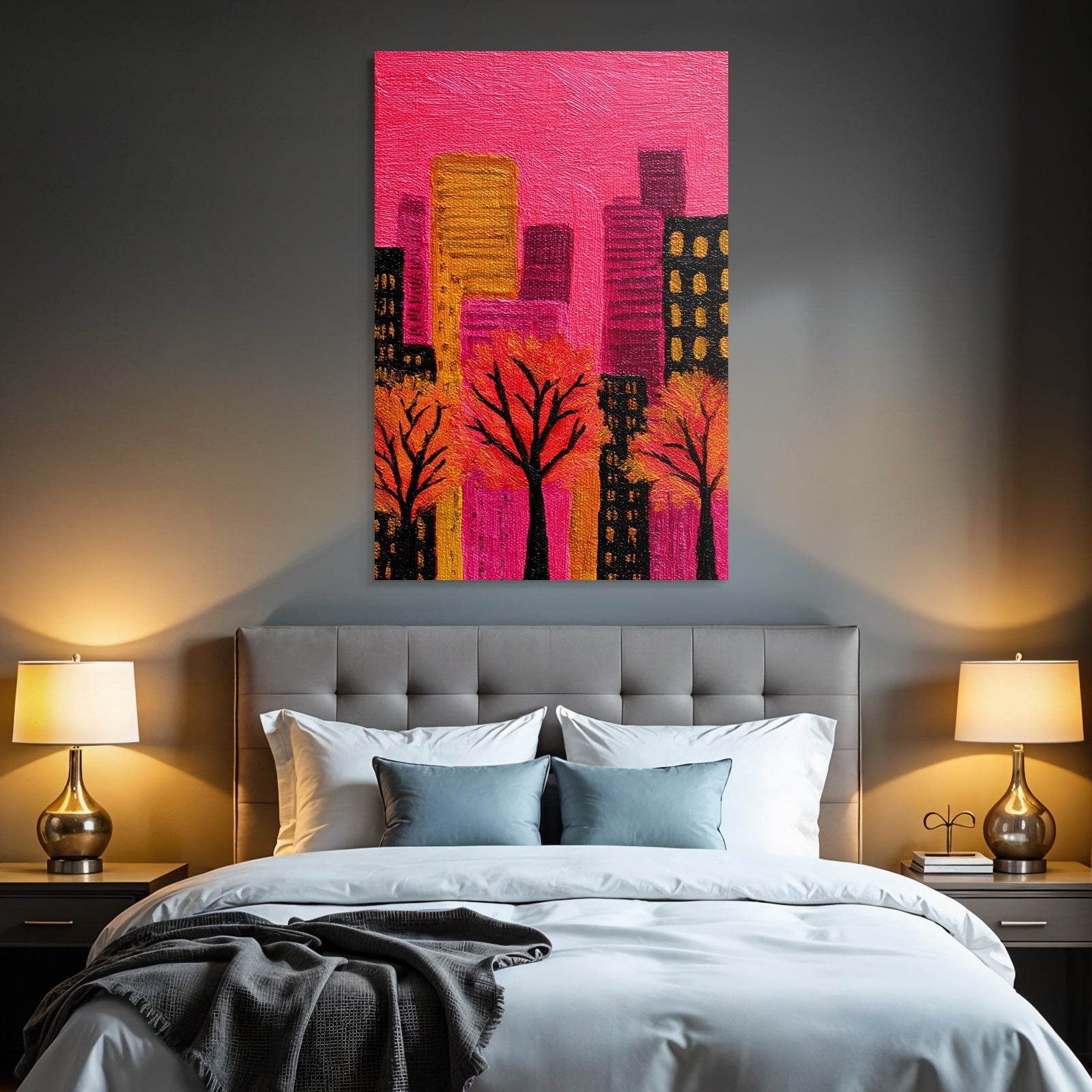 Abstrakte Malerei Bunte Bäume Herbstfarben Farbige Gebäude Rosa Himmel
