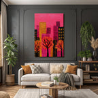 Abstrakte Malerei Bunte Bäume Herbstfarben Farbige Gebäude Rosa Himmel