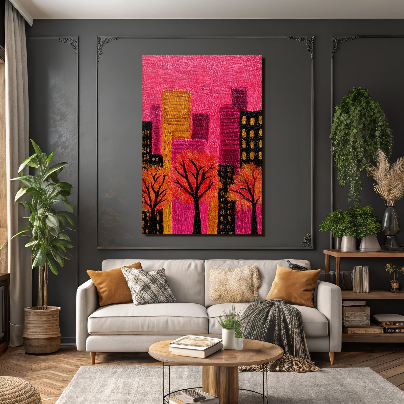 Abstrakte Malerei Bunte Bäume Herbstfarben Farbige Gebäude Rosa Himmel