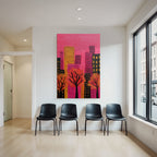 Abstrakte Malerei Bunte Bäume Herbstfarben Farbige Gebäude Rosa Himmel