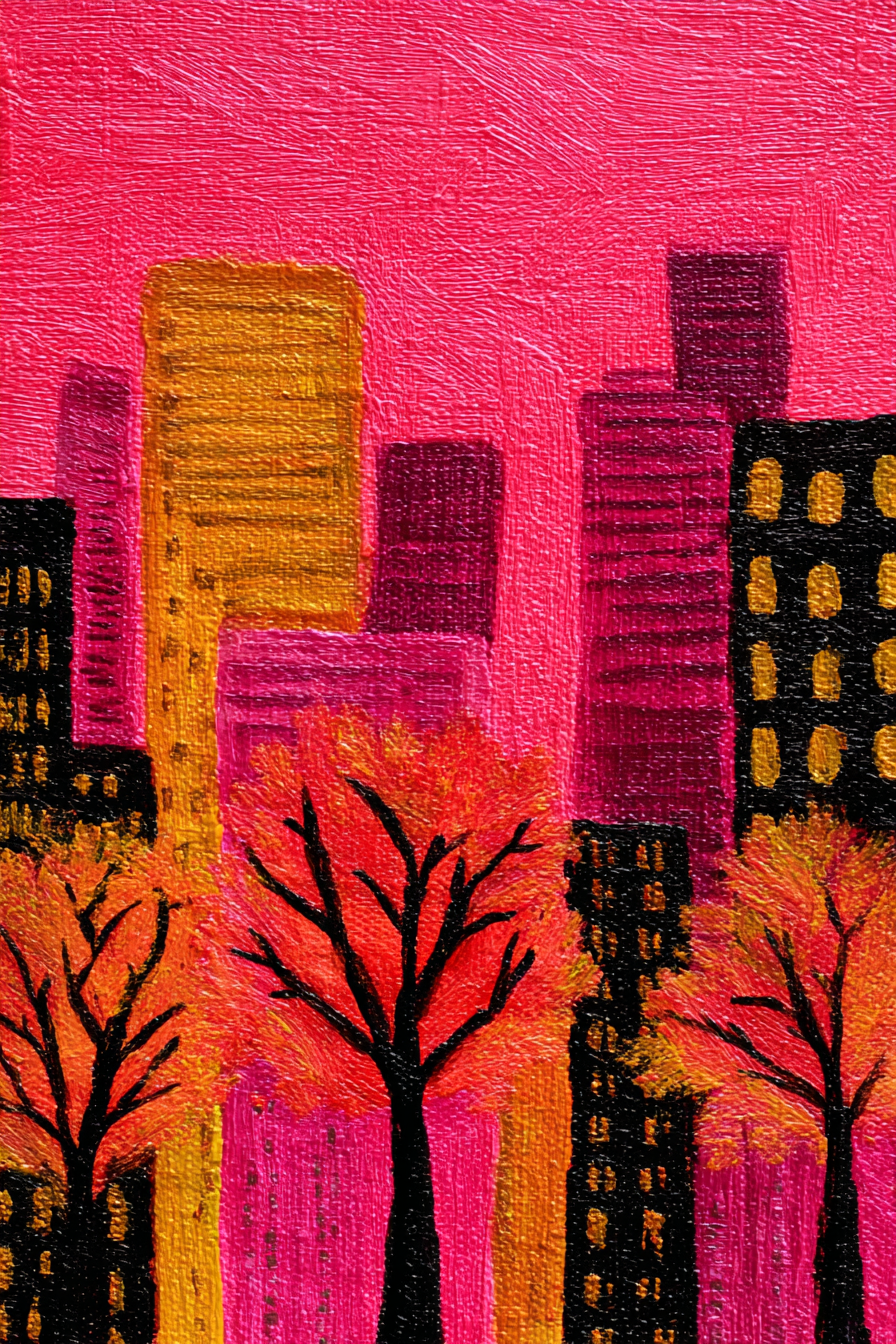 Abstrakte Malerei Bunte Bäume Herbstfarben Farbige Gebäude Rosa Himmel | Gruen Rosa Orange Lila | Farbenwelten