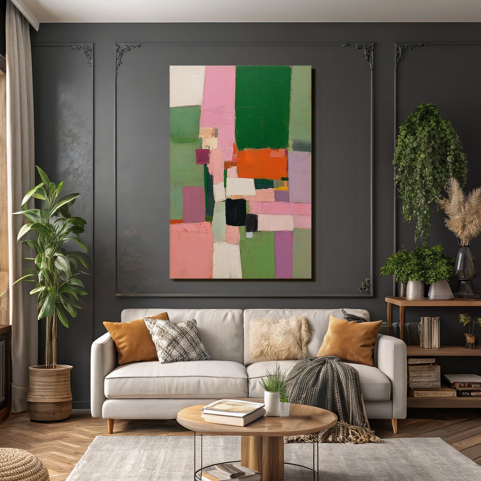 Abstraktes Gemälde Farbe Blöcke Pink Grün Orange Purpurn