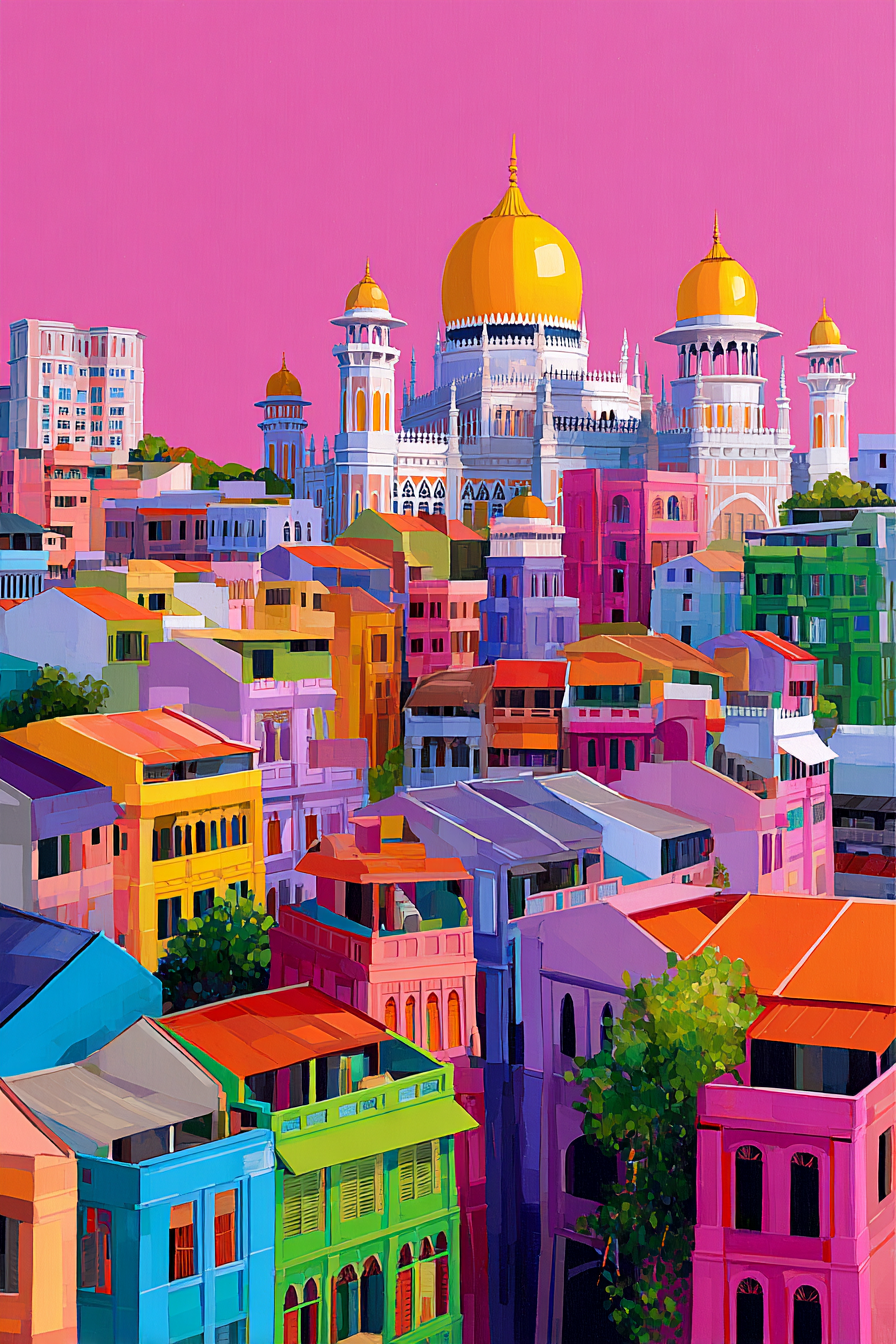 Bunte Stadtansicht Mit Goldenen Kuppeln | Gruen Rosa Orange Lila | Farbenwelten