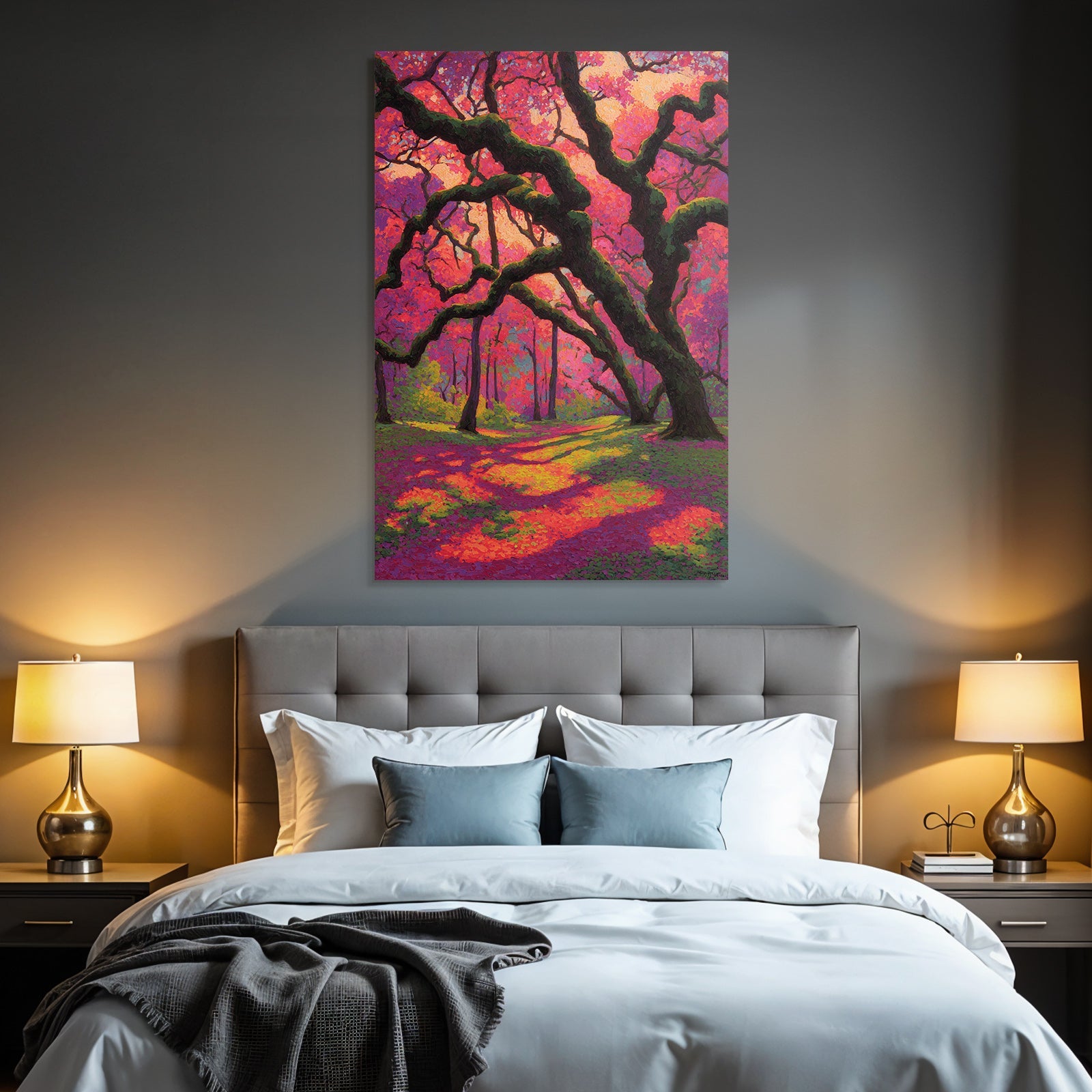 Bunte Waldszene Mit Gnarled Bäumen Und Rosa Laub