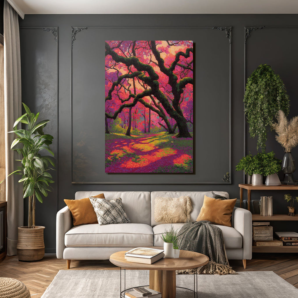 Bunte Waldszene Mit Gnarled Bäumen Und Rosa Laub