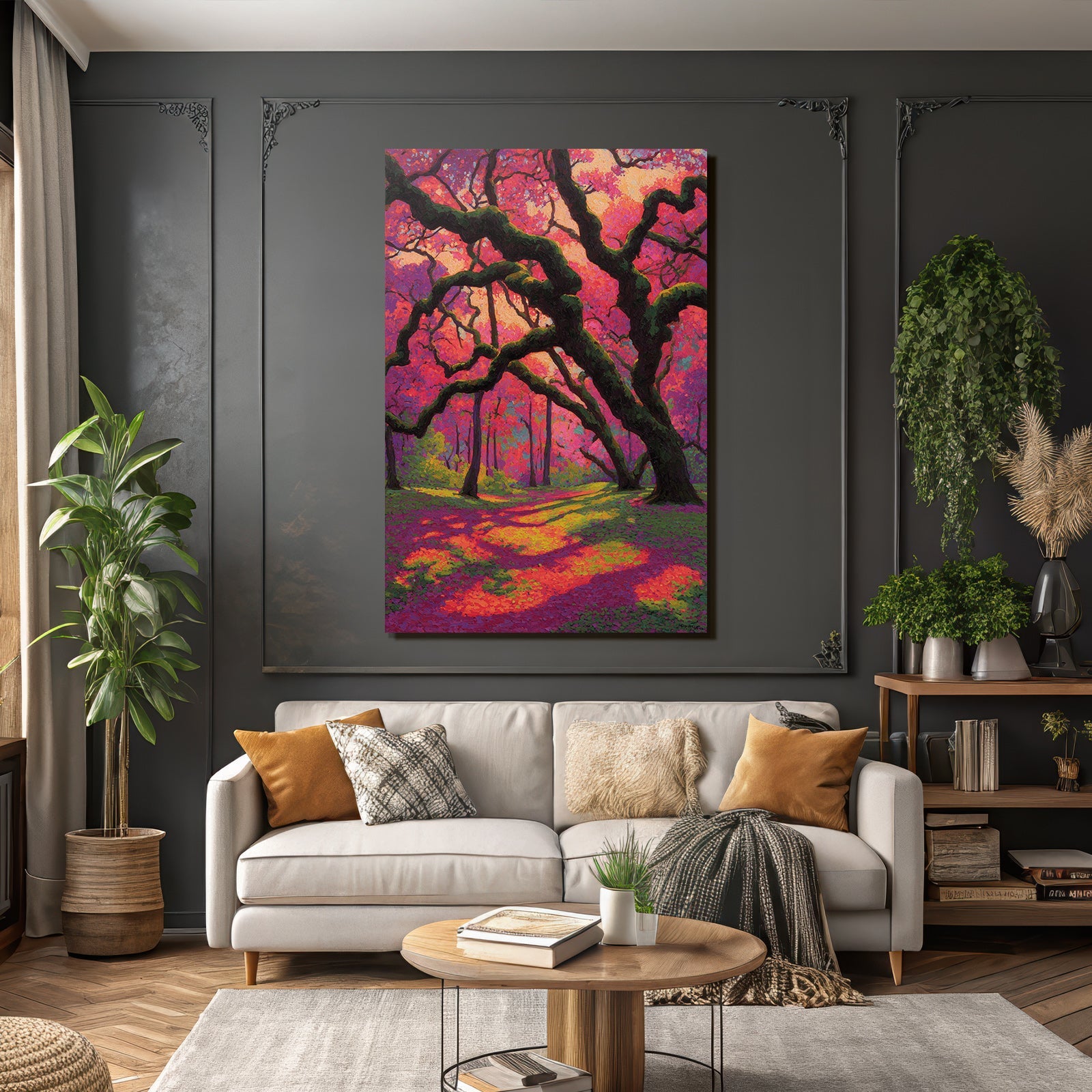 Bunte Waldszene Mit Gnarled Bäumen Und Rosa Laub