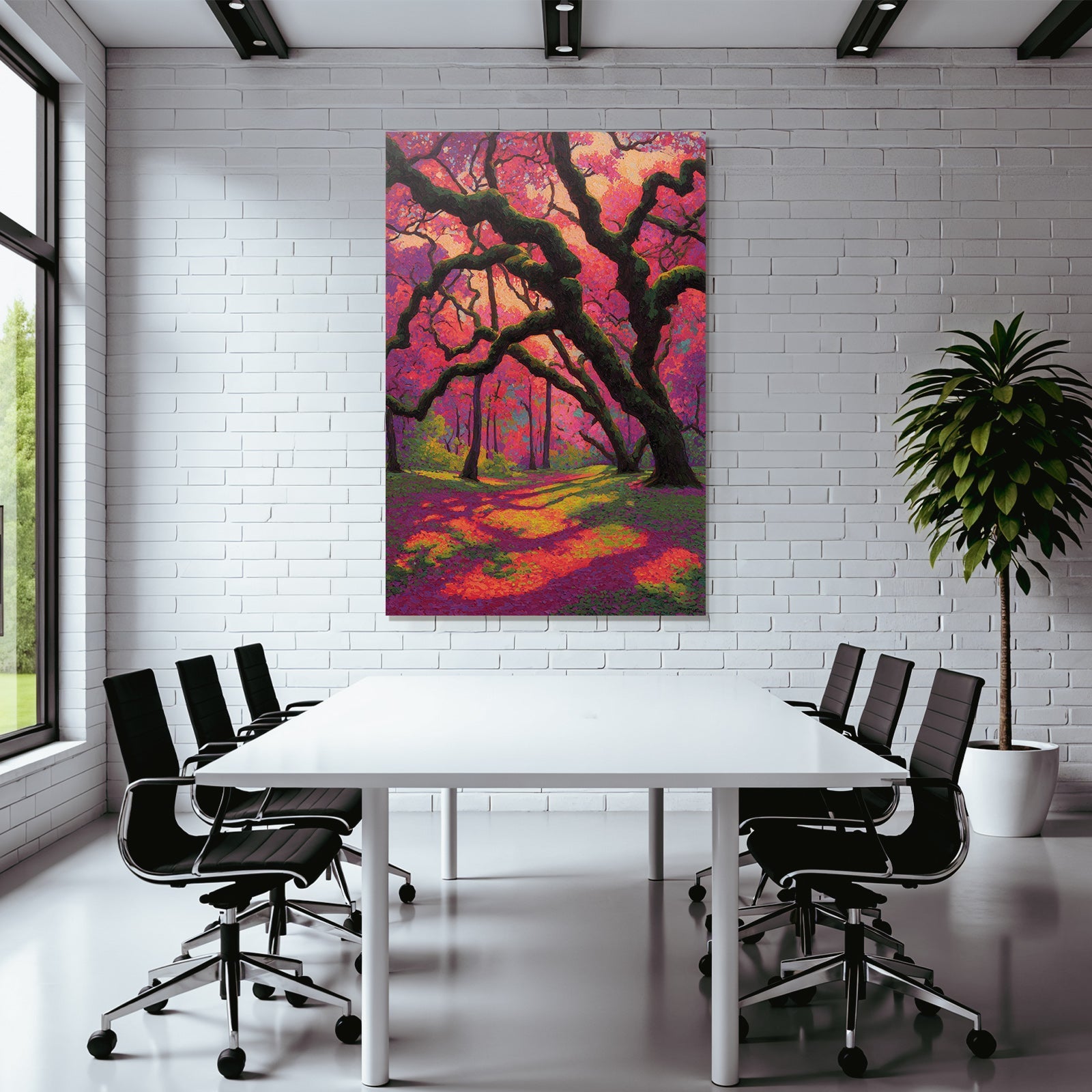 Bunte Waldszene Mit Gnarled Bäumen Und Rosa Laub