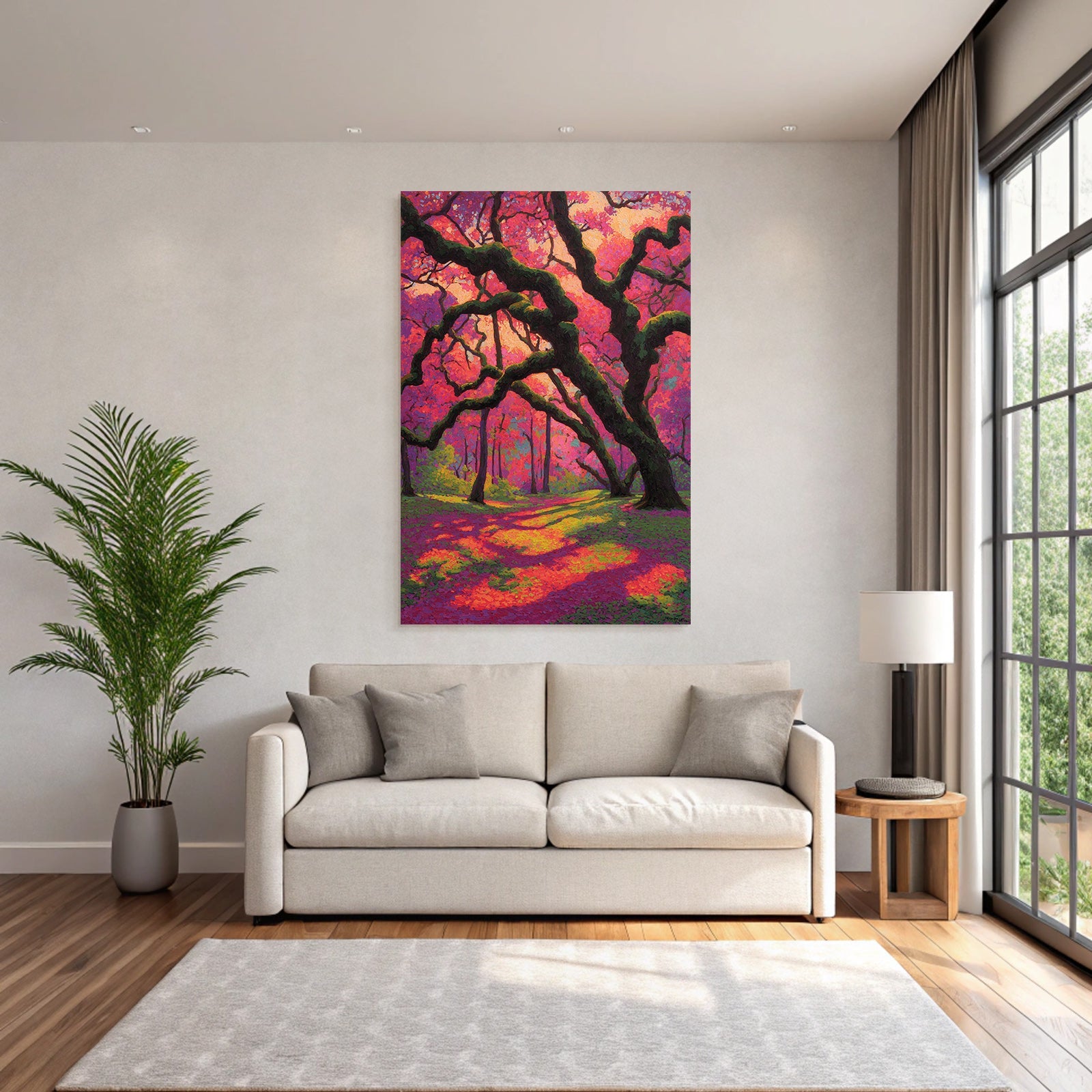 Bunte Waldszene Mit Gnarled Bäumen Und Rosa Laub